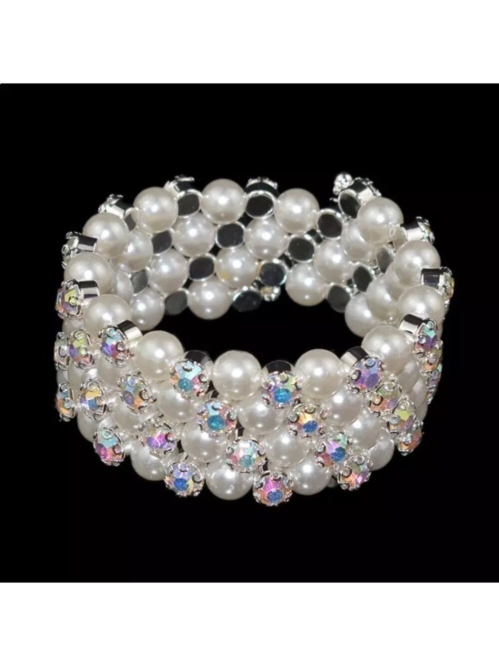 Pearl Gold or Silver Plated Crystal/Rhinestone Multi-layer Cuff Bangle B… - Picture 2 of 2